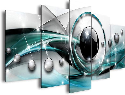 AWLXPHY Decor Abstract Canvas Wall Art Blue Black Framed Painting for Living Room Decor Modern Simple Circle Line HD Print Artworks Giclee 5 Pieces (Teal, W40 x H20)