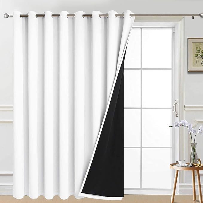 Yakamok Extra Wide Blackout Full Shading Curtains for Patio Door, Thermal Backing Sliding Glass Door Drape, Privacy Assured Window Treatment, Room Divider Curtains,Pure White, W100 x L84, 1 Panel