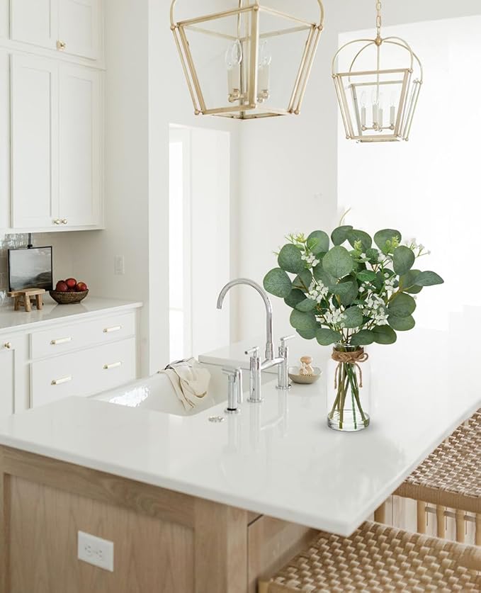 Artificial Eucalyptus Stems with Baby Breath Flowers in Glass Vase with Faux Water, 14" Fake Plant Eucalyptus Leaves for Home Farmhouse Wedding Centerpiece Bathroom Décor