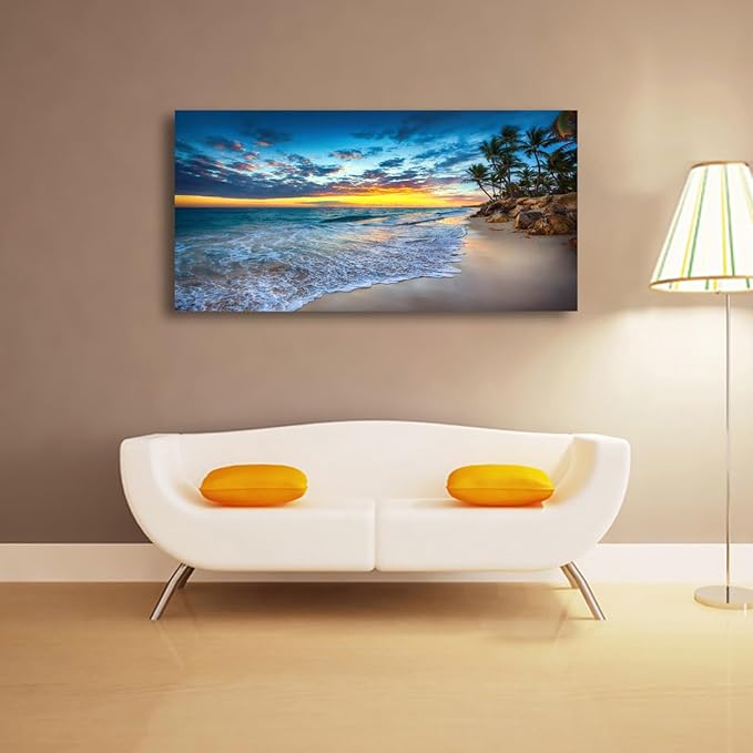 Beach Sunset Pictures Canvas Wall Art For Living Room Bedroom Wall Decor,Sunset Wall Art Print Paitnings for Home Decor,Morden Artwork Palm Coconut Tree Canvas Art Ready to Hang-24x48 Inches