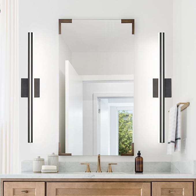 SineRise LED Modern Bathroom Vanity Light Bar (32-Inch, 3000K/4000K/6000K), Matte Black Dimmable Modern Acrylic Bathroom Wall Lighting Fixtures Over Mirror