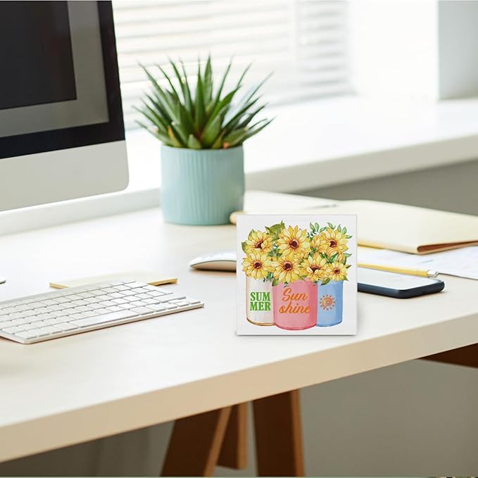 Summer Decor - Sunflower Decorations Summer Sunshine Wooden Sign Home Shelf Desk Decor 5 X 5 Inches