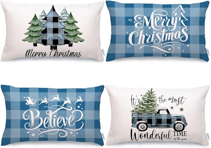 GEEORY Merry Christmas Throw Pillow Covers 12x20 Inch Set of 4, Xmas Trees Truck Blue Buffalo Plaid Believe Farmhouse Decorative Cushion Cases for Home Decoration G594-12