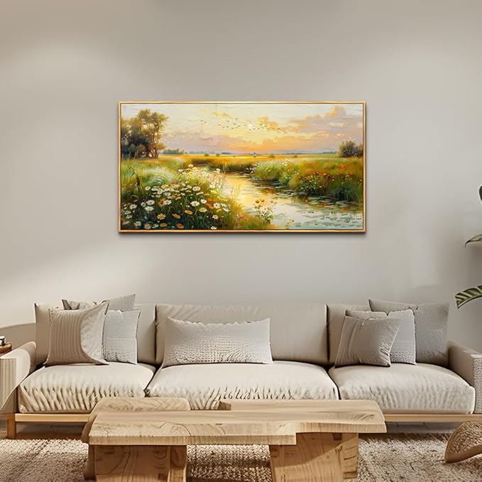 ZUITINGHUA Wood Framed Canvas Wall Art For Living Room Wall Decor For Bedroom Office Wall Decoration Pastoral Scenery Painting Water edge Pictures Artwork Room Aesthetic Home Decor 20x40 In