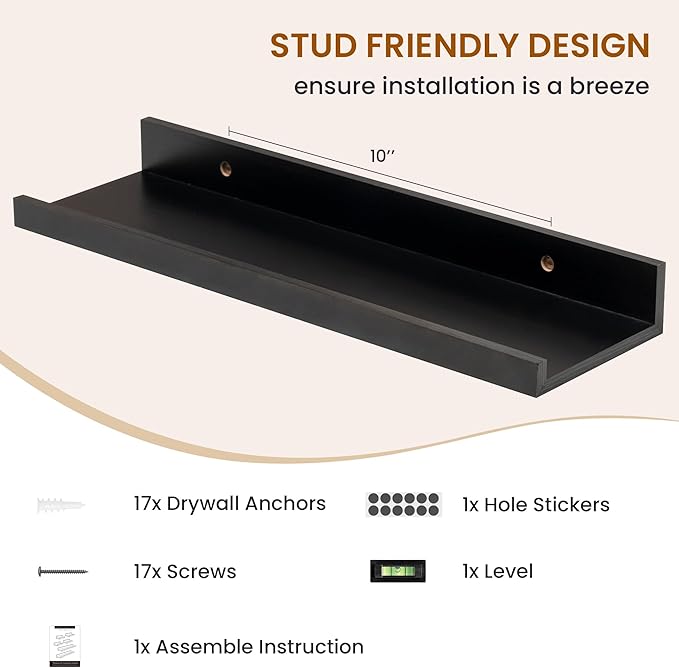 Axeman Picture Ledge Shelf, Floating Shelves for Wall Decor Storage Set of 6, 16 inch Floating Wall Mounted Shelves, Wall Shelves with Lip for Living Room, Bedroom, Nursery, Bathroom, Kitchen, Black