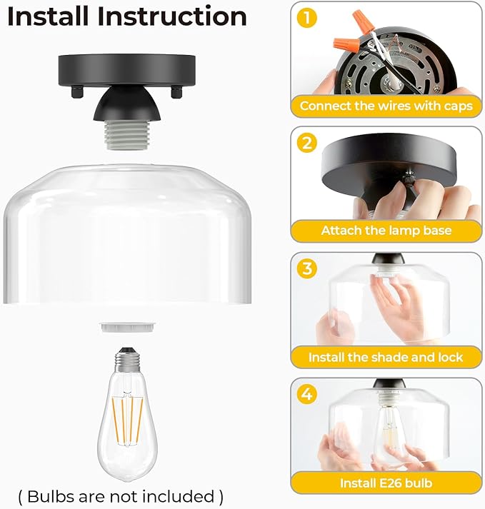 Semi Flush Mount Ceiling Light - Clear Glass Pendant Lamp Shade, Matte Black Finish, Modern Farmhouse Light Fixture for Hallway Corridor Kitchen Entryway Bedroom, Bulb Not Included