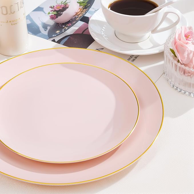 Nervure 100Pieces Pink and Gold Plastic Plates - 7.5inch Disposable Pink Salad/Dessert Plates - Heavy Duty Plastic Plate Ideal for Wedding & Party