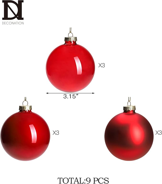 DN DECONATION Red Glass Christmas Ornaments, Set of 9, 3.15' Hanging Christmas Baubles for Xmas Tree Decoration, Wedding Party Gift