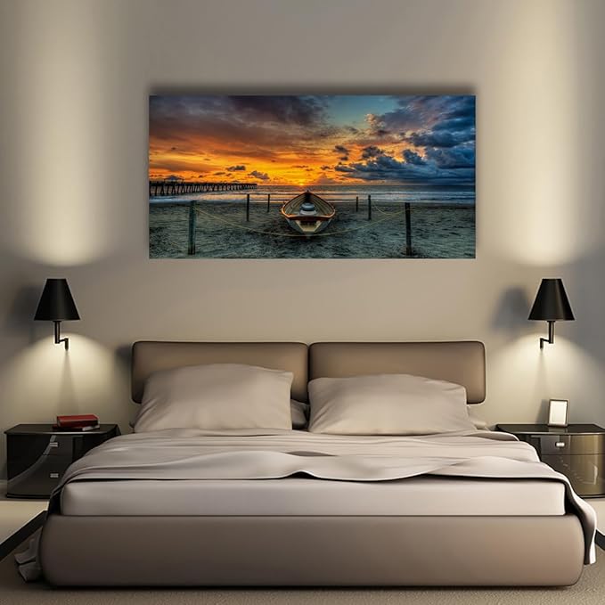 Beach Themed Wall Art Canvas Prints Seascape Poster Bathroom Décor Boat Ocean Sunset Landscape Paintings for Bedroom Dining Room Home Kitchen Decorations Natural Artwork 24x48 Picture Wooden Frames