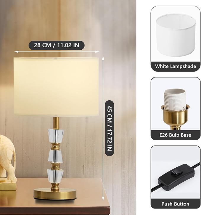 Crystal Table Lamps Set of 2, 3-Color Dimmable Gold Bedside Lamp for Living Room/Bedroom/Entryway and Other Rooms, Led Bulb Included