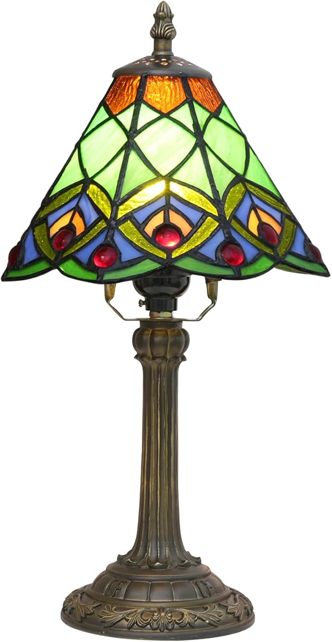 8 Inch Tiffany Style Stained Glass Table Lamp, Peacock Feather Pattern Retro Style Design, Suitable for Bedroom Bedside Lamp Office Study and Other Home Art Decoration (Green)