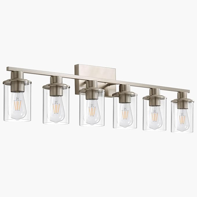 LOUSACE 6 Light Bathroom Vanity Light, Brushed Nickel Bathroom Light Fixtures, Modern Bathroom Lights over Mirror with Clear Glass Shade, Wall Vanity Lighting Fixtures for Bathroom Bedroom Living Room