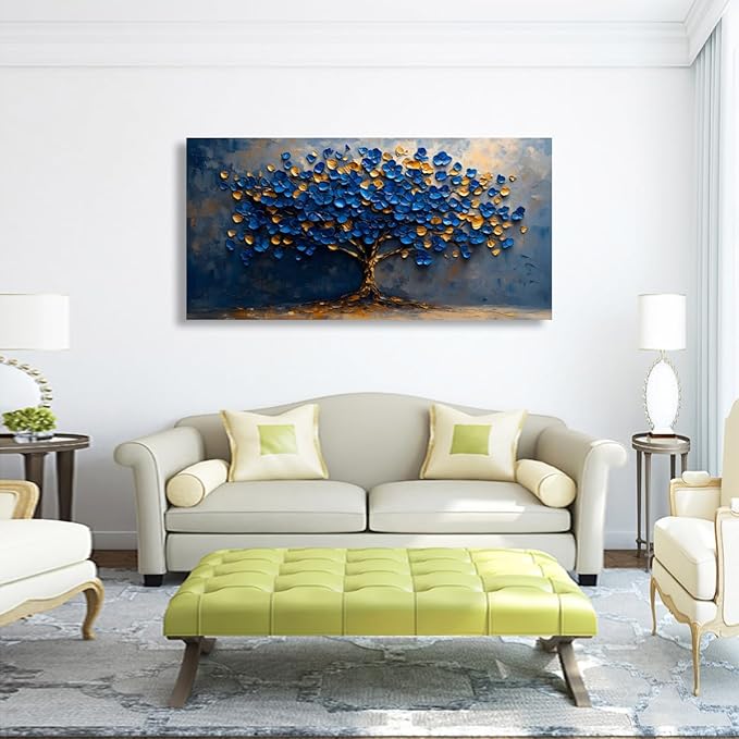 Abstract Tree Canvas Wall Art Bedroom Wall Decor Living Room,Tree of Life Wall Art Office Kitchen Paintings Artwork Modern Blue Yellow Leaves Pictures Art Prints Waterproof Ready to Hang-20x40inch