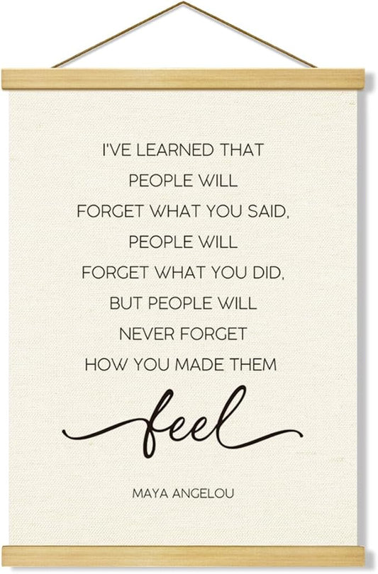 Inspirational Canvas Poster, I've Learned That People Will Never Forget How You Made Them Feel Canvas Posters Wood Hanger, Positive Mindset Poster, Positive Home Decor, Bedroom Wall Art