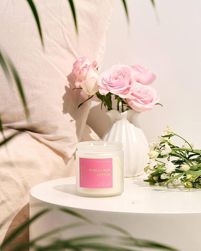M&SENSE Rose Linen Cotton Spring Scented Candle - 11.6oz Natural Soy Wax Non Toxic Candle for Mothers Day 70-Hour Slow-Burning Time Aromatherapy Gifts for Women & Home Decor