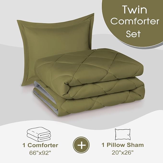 Beyond Twin Comforter Set - Olive Green/Charcoal Gray, Reversible, All Seasons - 1 Comforter (66"x92") and 1 Pillow Sham (20"x26"+2")