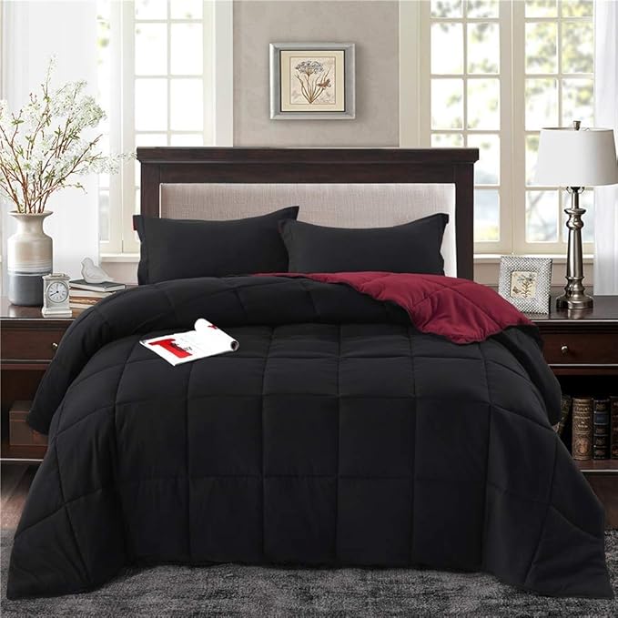 HIG 3pc Down Alternative Comforter Set - All Season Reversible Comforter with Two Shams - Quilted Duvet Insert with Corner Tabs - Box Stitched - Super Soft, Fluffy (King/Cal King, Black)