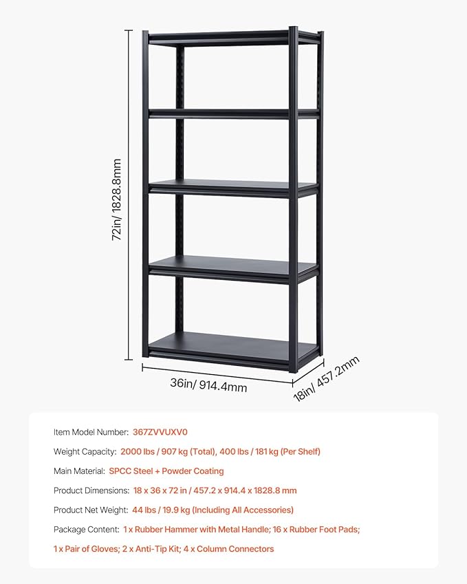 VEVOR Storage Shelves, 2000 lbs, 5 Tier Garage Storage Shelving, 18" D x 36" W x 72" H Adjustable Metal Shelves for Garage Shelves Utility Rack Shelf, Ideal for Kitchen, Warehouse, Basement, Black