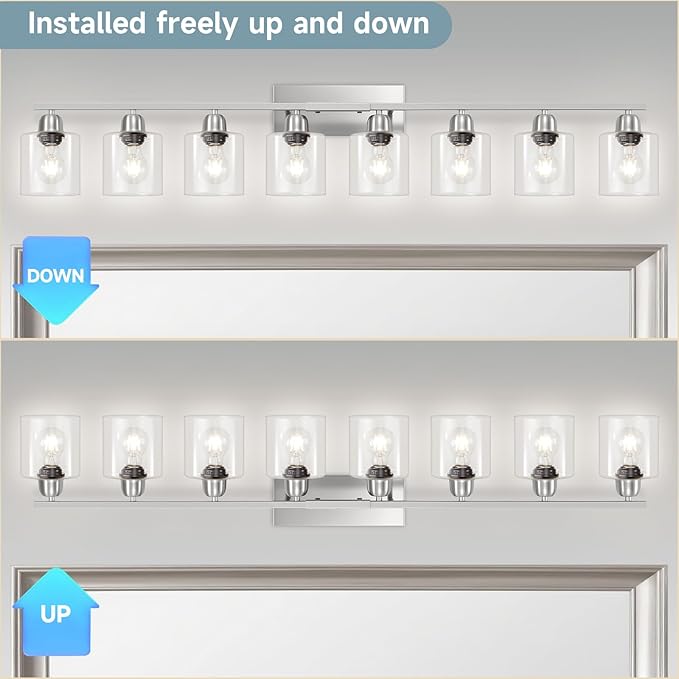 Brushed Nickel Light Fixture Bathroom, 8 Light Mirror Lights with Clear Glass, 51 inch Bathroom Mirror Lights for Oversized Mirrorss, E26 Socket