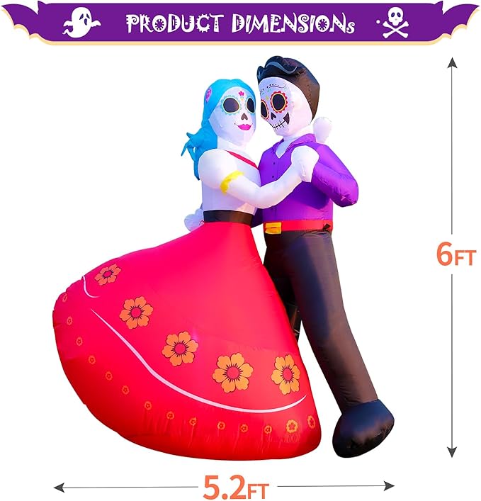 DomKom Halloween Inflatable Blow Up Decorations, Dia de Los Muertos 6FT Day of Dead Catrina Sugar Skull Couple Dancing, Built-in LEDs for Holiday Party, Garden, Lawn, Yard, Patio Décor