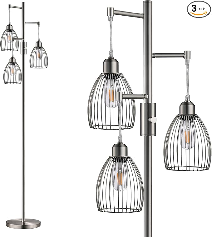 Dimmable Floor Lamp, Industrial Floor Lamps for Living Room, Brushed Nickel Tree Lamp Standing Lamp Tall Lamps with 3 Elegant Teardrop Cage Head & 800 Lumens LED Bulbs for Living Room Bedroom Office