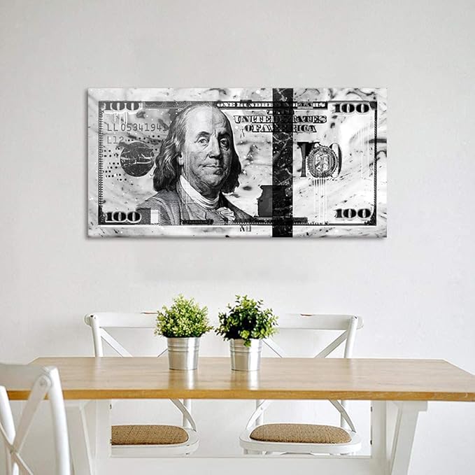 Black and White Graffiti Dollar Wall Canvas Painting Picture Artwork for Home Walls Large 100 Bill Giclee Canvas Wall Picture Creative Money Art Print Positive Modern Home Decor Easy to Hang-40"Wx20"H