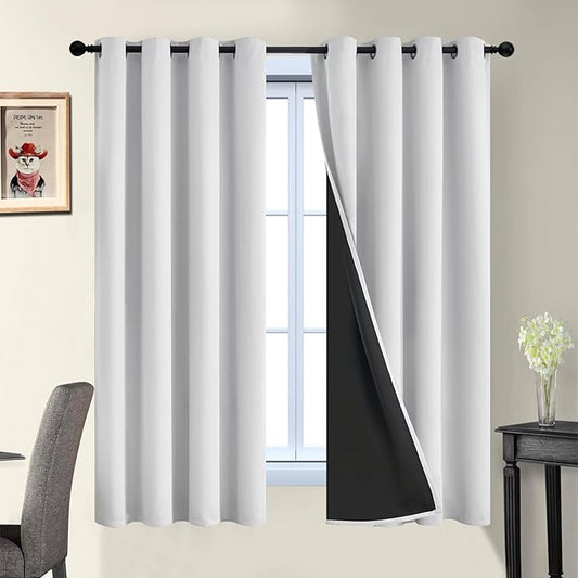 Yakamok 100% Blackout Curtains 63 Inches Long, 2 Thick Layers Heat and Full Light Blocking Soft Thermal Insulated Drapes for Bedroom(52" Wide Each Panel, Greyish White, 2 Panels)