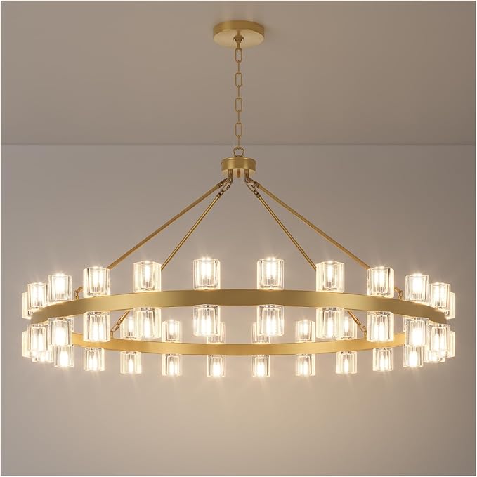 48 Inch Gold Wagon Wheel Chandelier with Crystal Shade, 48 Lights, Modern Farmhouse Style, Ideal for Dining Room, Kitchen, Entryways