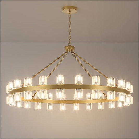 48 Inch Gold Wagon Wheel Chandelier with Crystal Shade, 48 Lights, Modern Farmhouse Style, Ideal for Dining Room, Kitchen, Entryways