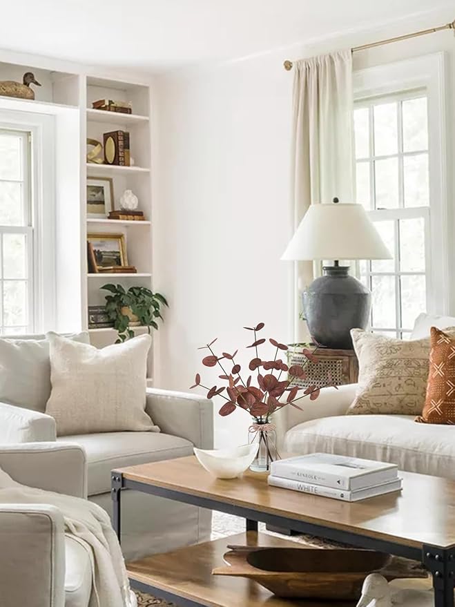 Artificial Eucalyptus Stems in Glass Vase with Faux Water, 14" Fake Plants for Home Decor, Coffee Table Centerpieces, Office, Bathroom & Farmhouse Weddings - Faux Plants Decorations