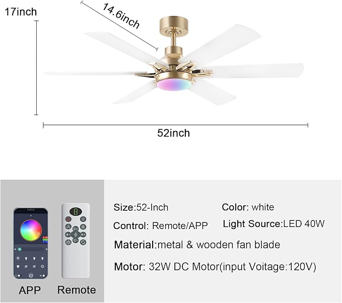 52in Ceiling Fans with Lights RGB Ceiling Fan with Light and Remote/APP Control,Low Profile Ceiling Fans with Lights for Bedroom,Living Room,Kids Room,3CCT Dimmable Modern Ceiling Fan, 8 Speeds,White