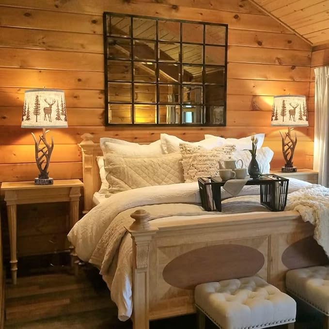 Dungoo 26" Touch Control Antler Table Lamps Set of 2, 3-Way Dimmable Rustic Lamp with 2 USB Ports, Natural Antler Lamp with Deer Forest Lampshade Farmhouse Lamps for Living Room Foyer