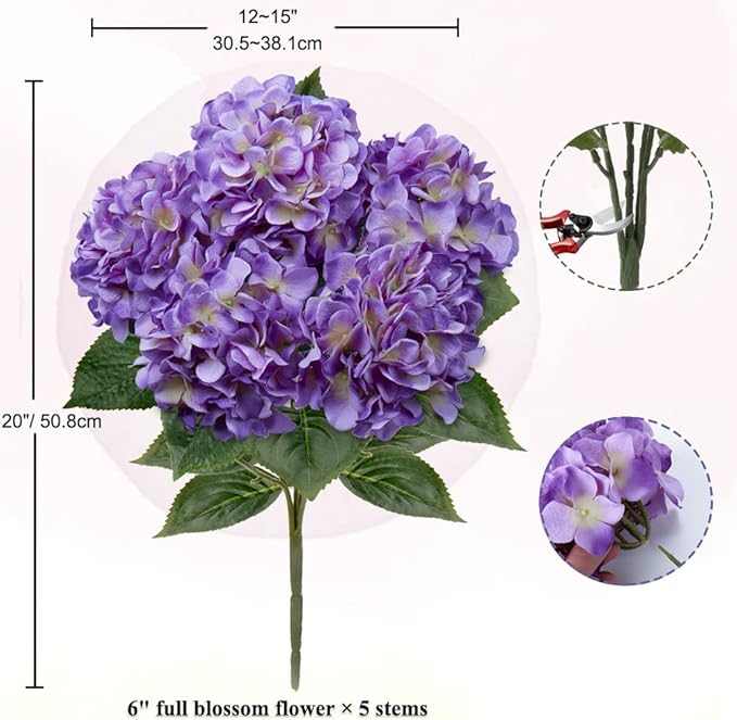 Purple Hydrangea Artificial Flowers Large Artificial Hydrangeas Silk Flowers for Home Decor Indoor Wedding Flowers Bouquets Faux Flowers Kitchen Centerpiece Table Decorations
