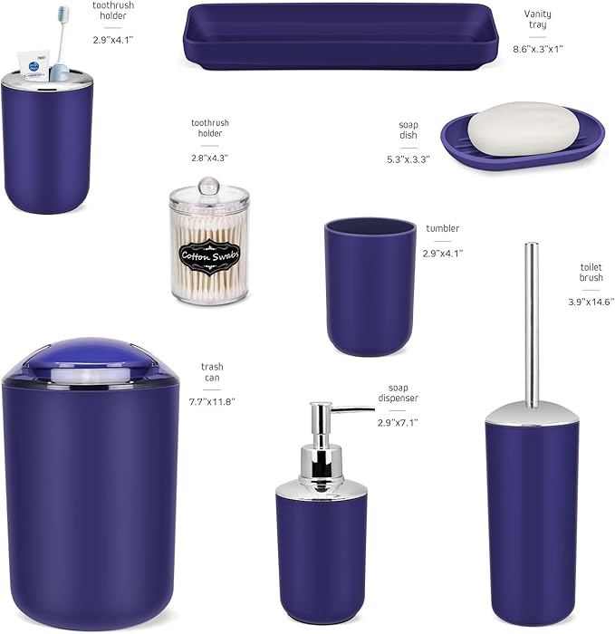 IMAVO Bathroom Accessories Set,Blue Bathroom Set,9 Pieces Bathroom Accessory Set,Tray,Qtip Holders,Toilet Brush,Trash Can for Bathroom Décor and Home Gifts