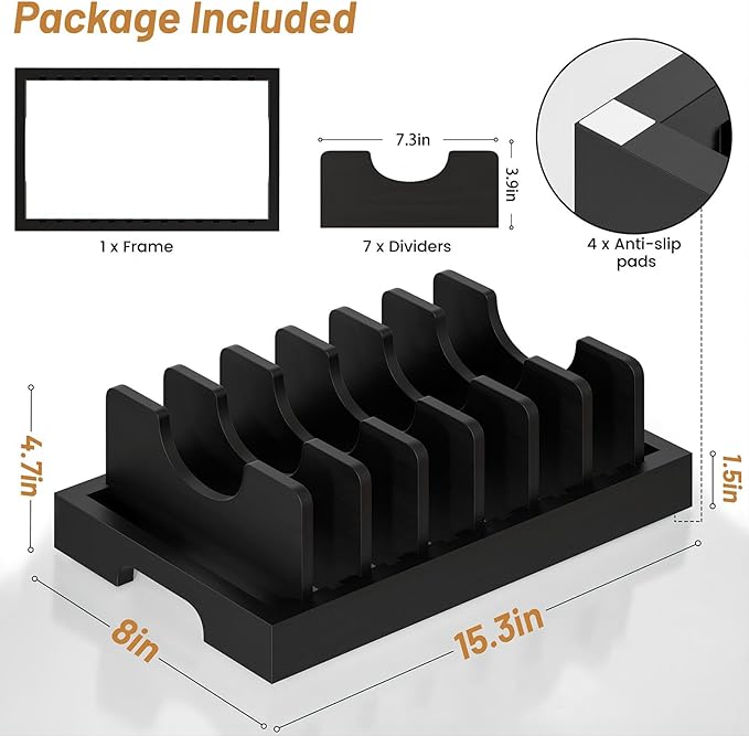 Bamboo Pot and Pan Organizer, Pot Lid Organizer Holder Rack for Countertop Drawer, Kitchen Cabinet Organizer with 7 Adjustable Dividers for Pots, Pans, Baking Sheets, Cutting Boards, Black