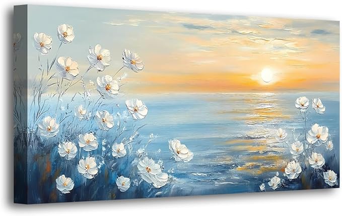 Seascape Pictures Canvas Wall Art for Living room Office Bedroom Wall Decor, Natural Landscape Wall Art Print Modern Noble White Flower Oil Painting Artwork Waterproof Ready to Hang-20x40inch