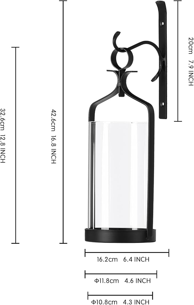 Hanging Hurricane Glass Wall Sconce Candle Holder Black Metal Wall Decorations Set of 2 HLJ15-291B2