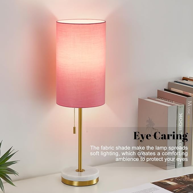 Luvkczc Minimalist Table Lamp Set of 2, Nightstand Lamp for Bedroom Living Room, Modern Pull Chain Bedside Lamp with Marble Base, Fabric Shade, Small Desk Lamp for Home, Office, Reading,Pink