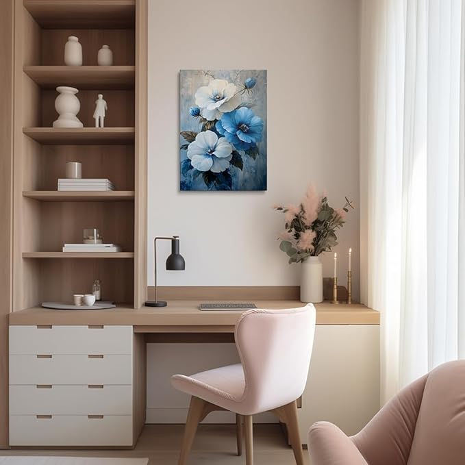 Blue and White Floral Picture Wall Decor Framed Botanical Plant Rustic Flower Canvas Wall Art Modern Pop Prints Poster Western Country Farmhouse Painting for Bathroom Living Room Bedroom (16"x24")