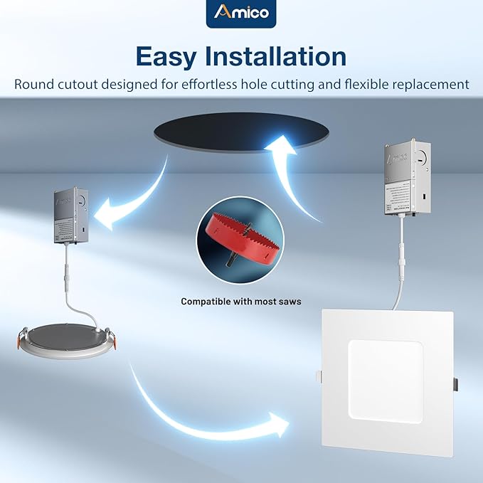 Amico 6 Pack 6 Inch Ultra-Thin LED Square Recessed Light with Junction Box, 5CCT 2700K/3000K/3500K/4000K/5000K Selectable, 1050LM Brightness, Dimmable Canless Wafer Downlight, 12W, ETL&FCC