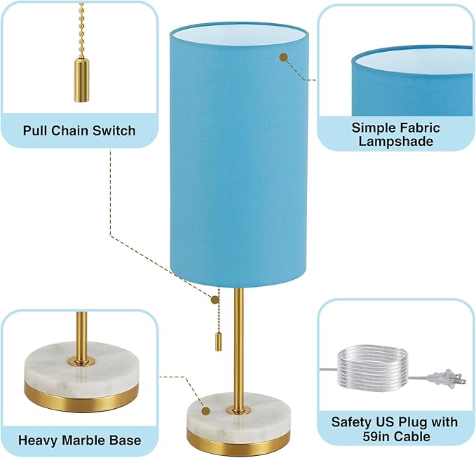 Luvkczc Minimalist Table Lamp Set of 2, Nightstand Lamp for Bedroom Living Room, Modern Pull Chain Bedside Lamp with Marble Base, Fabric Shade, Small Desk Lamp for Home, Office, Reading,Blue