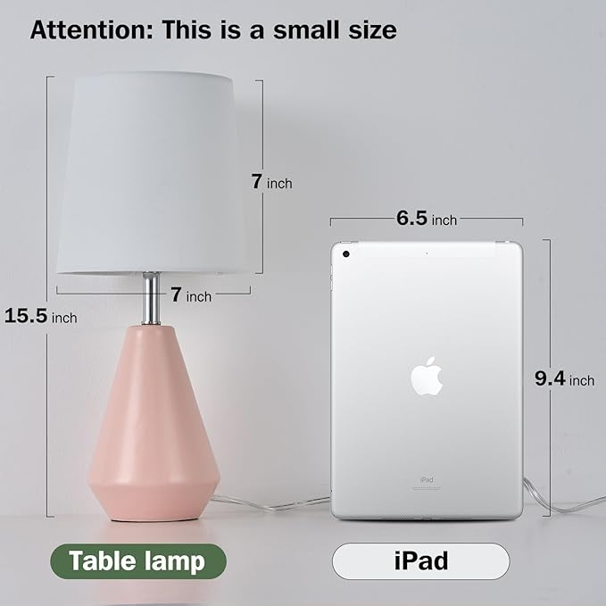 Small Bedside Table Lamp for Bedroom - Reading Desk Lamp with 3 Color Temperatures，15.5" Nightstand Ceramic Lamp with Fabric Shade for Kids Room,Living Room,Dorm,Home Office (Pink+White)