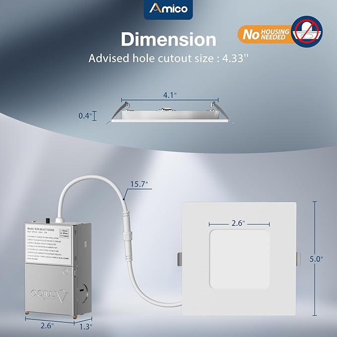 Amico 6 Pack 4 Inch Ultra-Thin LED Square Recessed Light with Junction Box, 5CCT 2700K/3000K/3500K/4000K/5000K Selectable, 700LM Brightness, Dimmable Canless Wafer Downlight, 10W, ETL&FCC