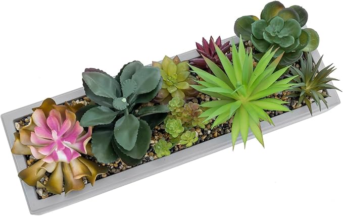 MyGift 15 Inch Mixed Color Assorted Artificial Succulent Plant Arrangement in Modern Gray Clay Planter Tray