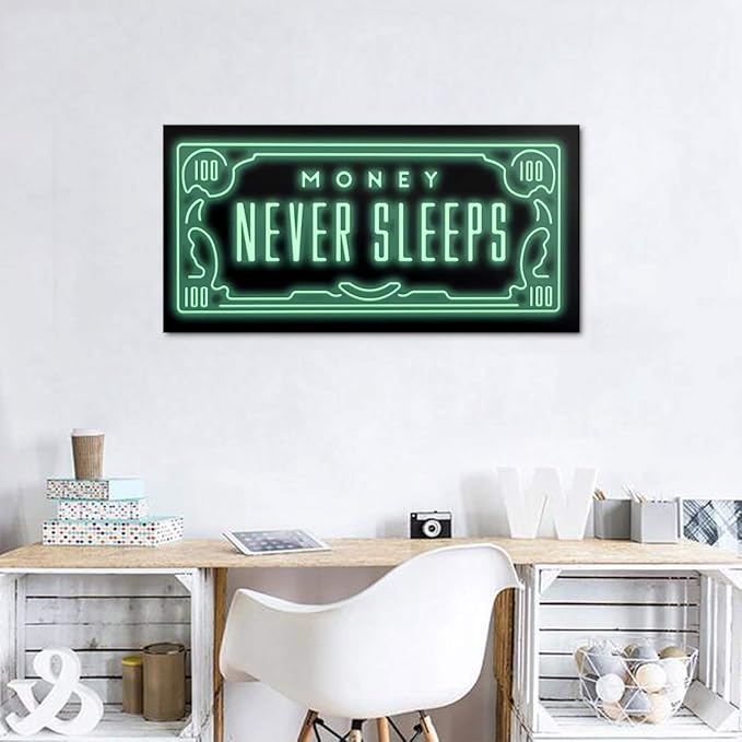 Framed Inspirational Office Wall Art, Money Posters Green 100 Dollar Artwork Money Never Sleeps Quote Wall Decor Motivational Picture for Modern Home Workplace Decorations - 32 x 16 in