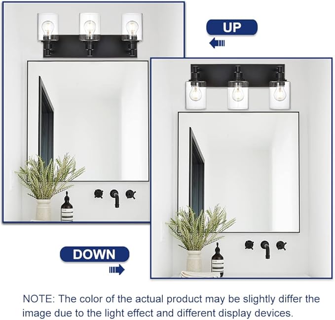 Industrial Wall Sconce Lighting in Matte Black Finish, 3-Light Bathroom Vanity Light Fixtures with Clear Glass Shades (E26 Bulb Base)