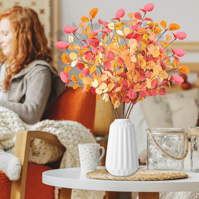 6Pcs Fall Artificial Flowers 27.6’’ Orange Autumn Eucalyptus Stems for Table Centerpieces Faux Eucalyptus Leaves Branches for Thanksgiving Floral Arrangements Home Party Decoration