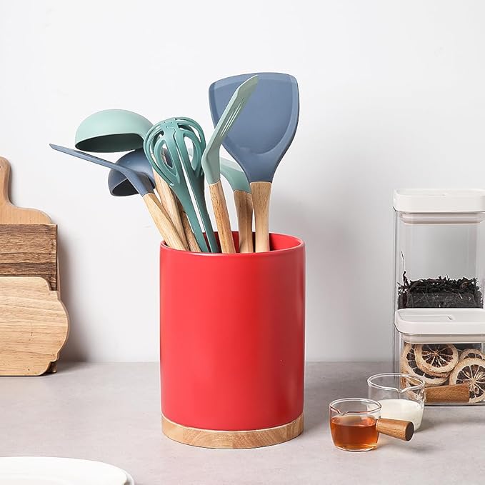 Sweejar Kitchen Utensil Holder with Wooden Bottom, 8.2" Ceramic Utensil Crock to Hold Spatulas for Cooking Countertop, Housewarming, Wedding, Birthday Gift (Red)