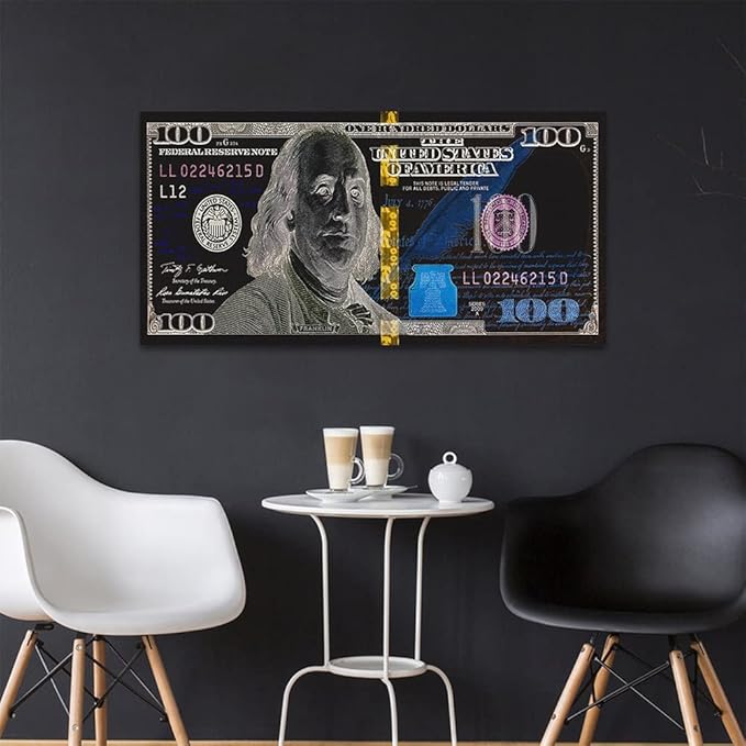 Abstract Creative 100 Dollar Bill Print Abstract Benjamin Franjlin Money Artwork Cash Art Print Rich Money Millionaire Canvas Paintings for Living Room Bedroom Wall Decor Framed Easy to Hang-32"Wx16"H