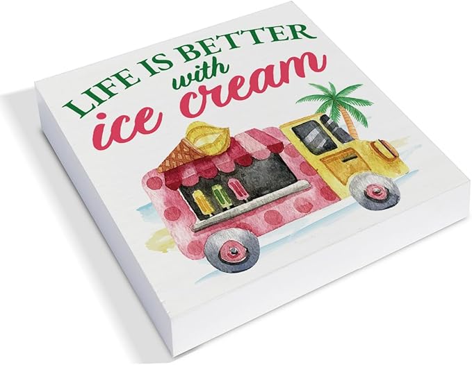 Summer Decor - Ice Cream Truck Decorations Summer Popsicle Wooden Sign Home Shelf Desk Decor 5 X 5 Inches